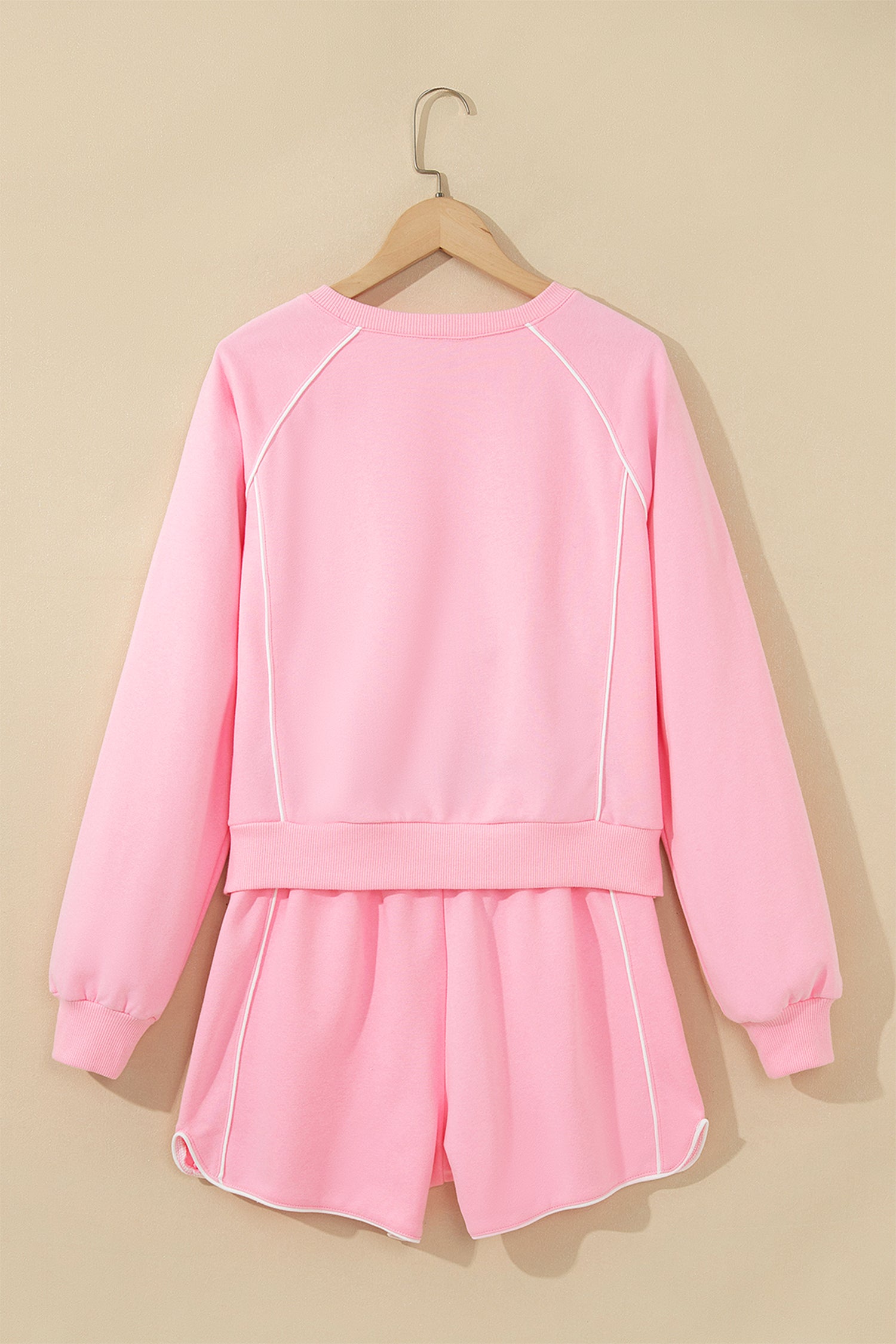 Pink Piping Trim Long Sporty Pullover Drawstring Elastic Waist Shorts Set