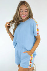 Mist Blue Granny Square Crochet Detail Short 2pcs Set