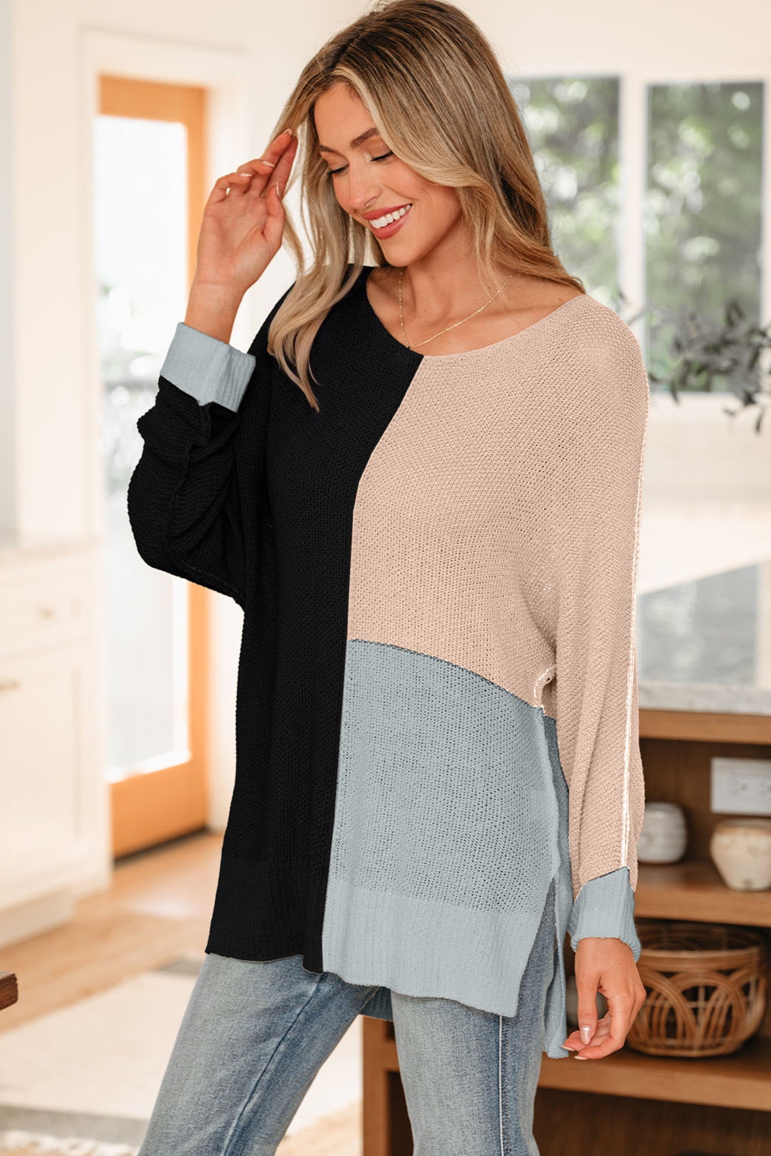 Evergreen Color Block Knit V Neck Loose Sweater