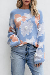 Beau Blue Floral O Neck Drop Shoulder Knitted Sweater