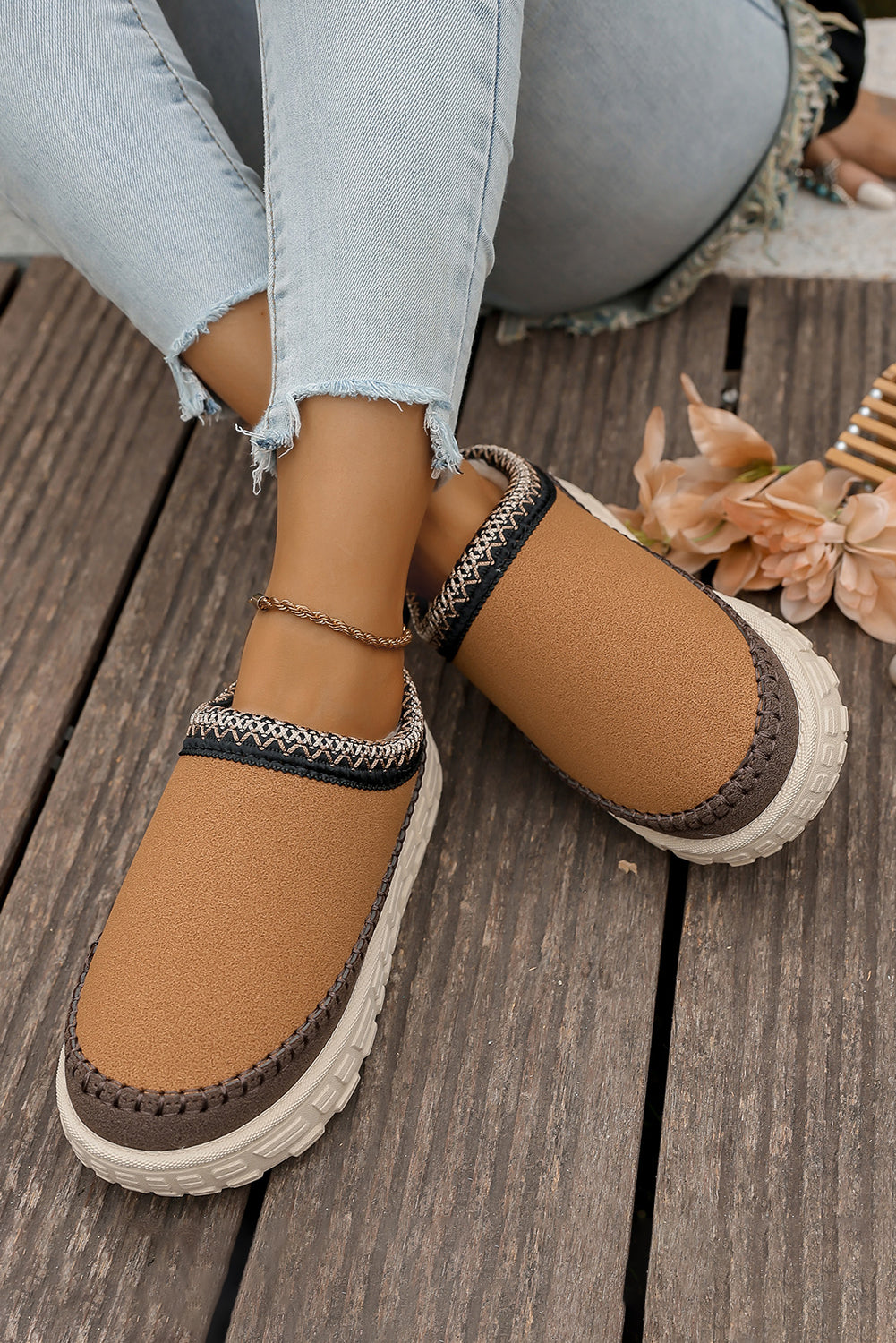 Coffee Faux Suede Woven Trim Plush Lining Platform Slippers