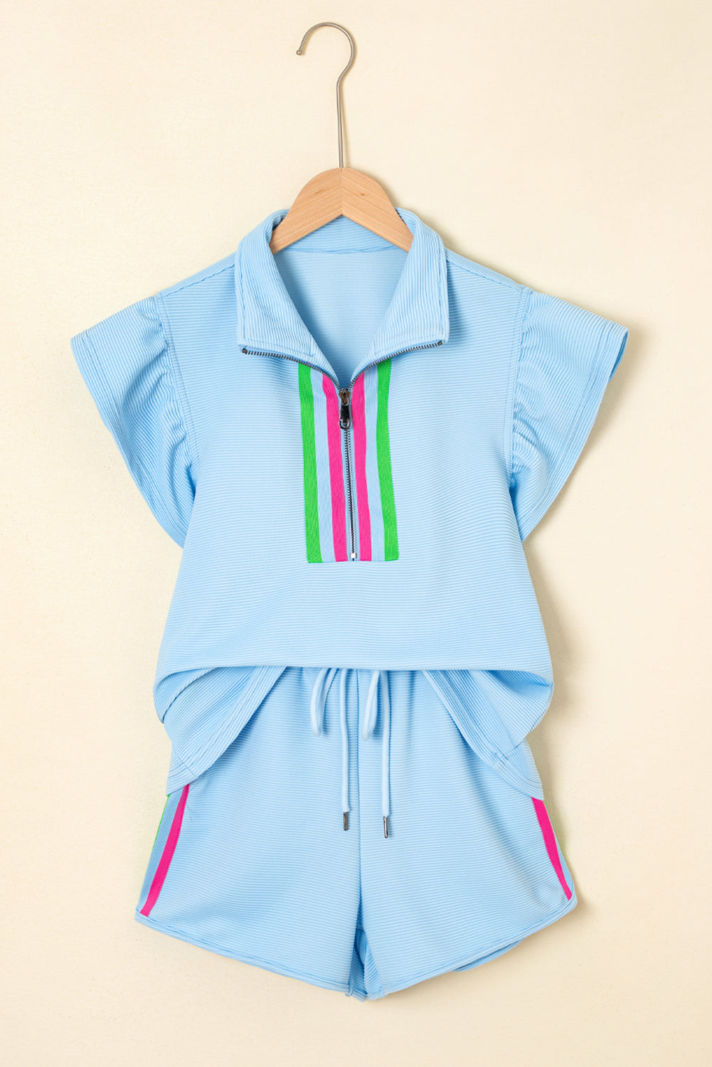 Strawberry Pink Striped Detail Flutter Sleeve Zipped Collar Short Set
