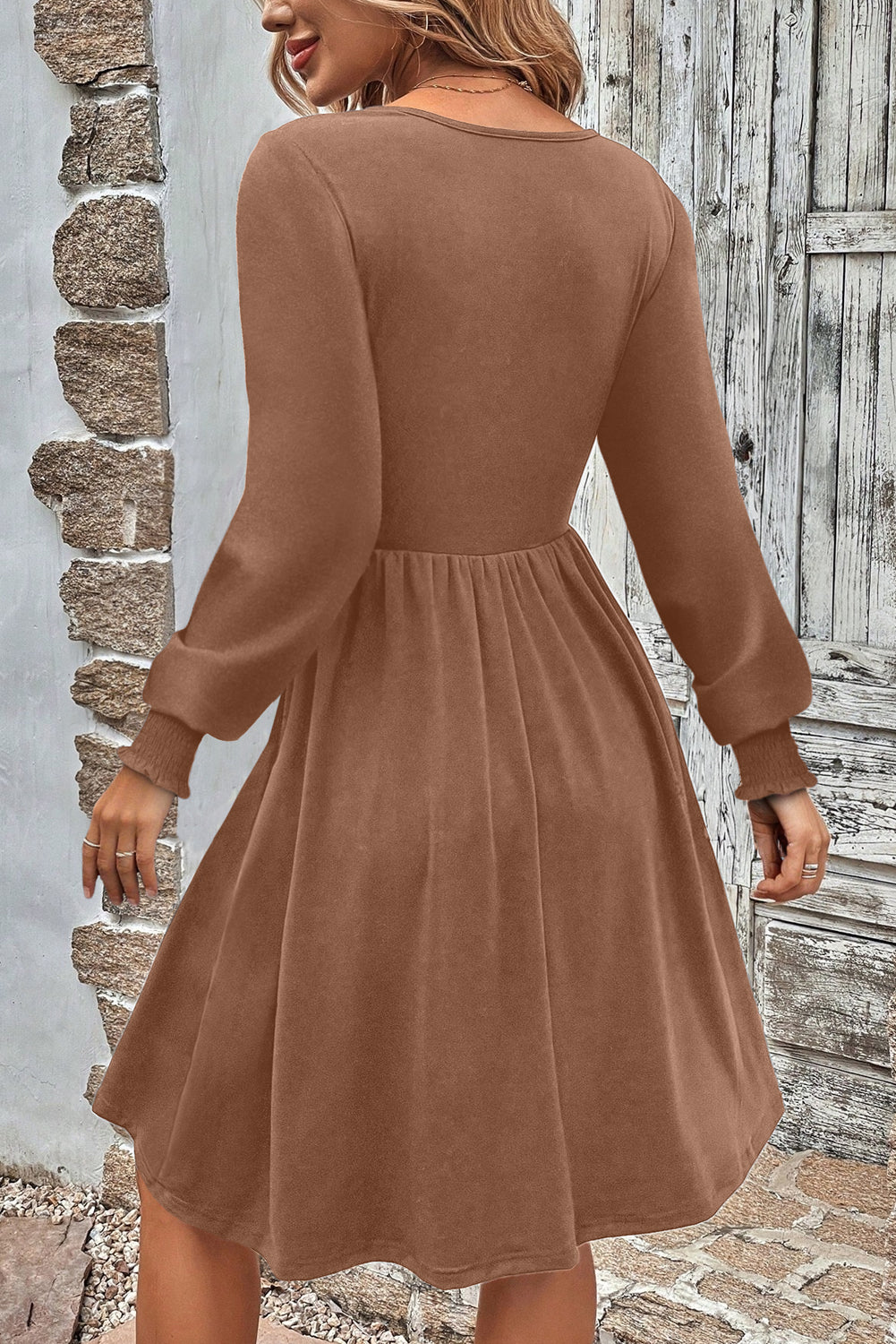 Dark Grey Shirred Cuff Long Sleeve Button Round Neck Mini Dress