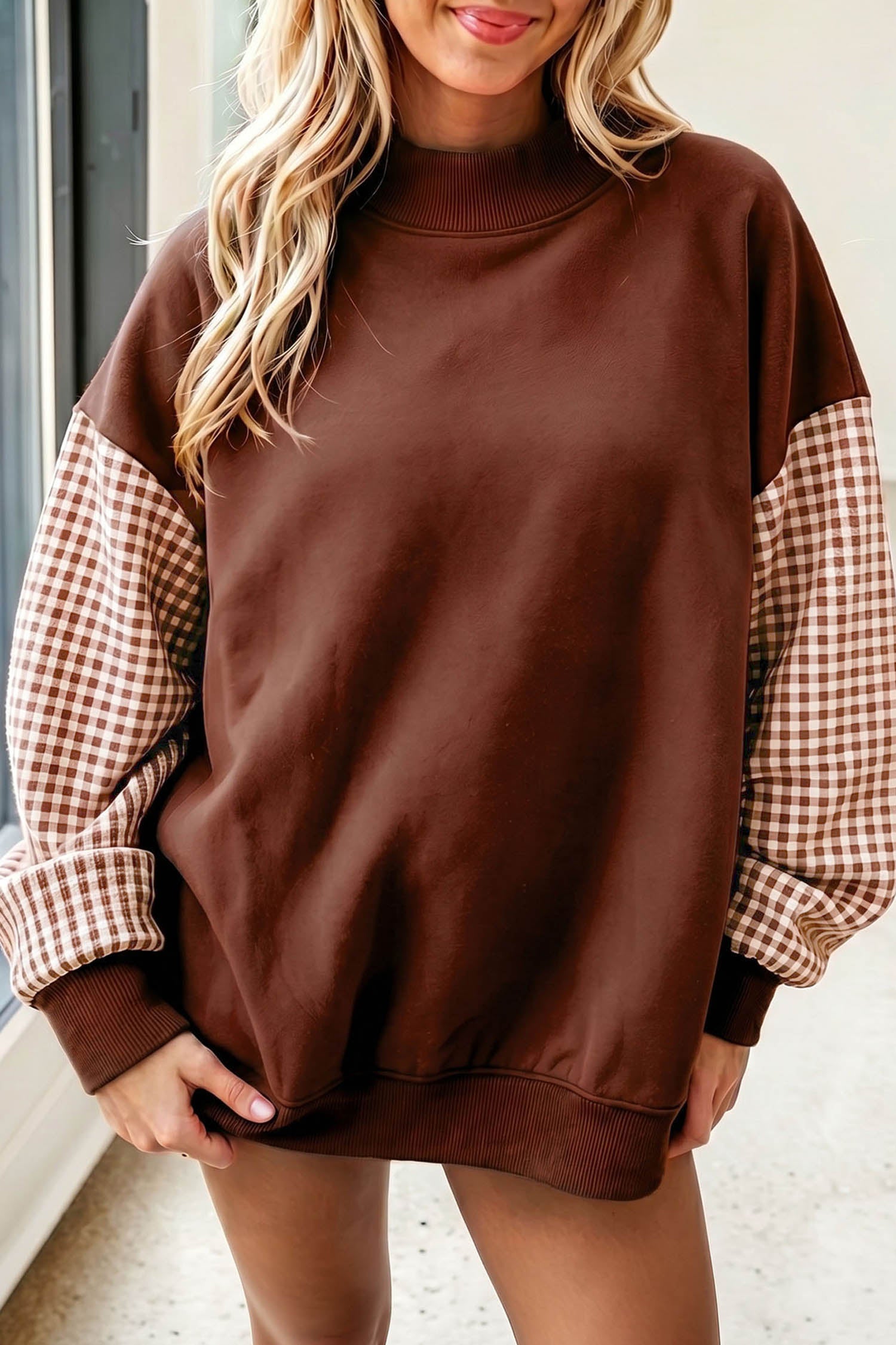 Evergreen Plaid Sleeve Colorblock Loose Tunic Sweatshirt