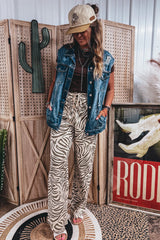 Multicolour Western Print Zebra Pattern Elastic Waist Pocket Full-Length Pants