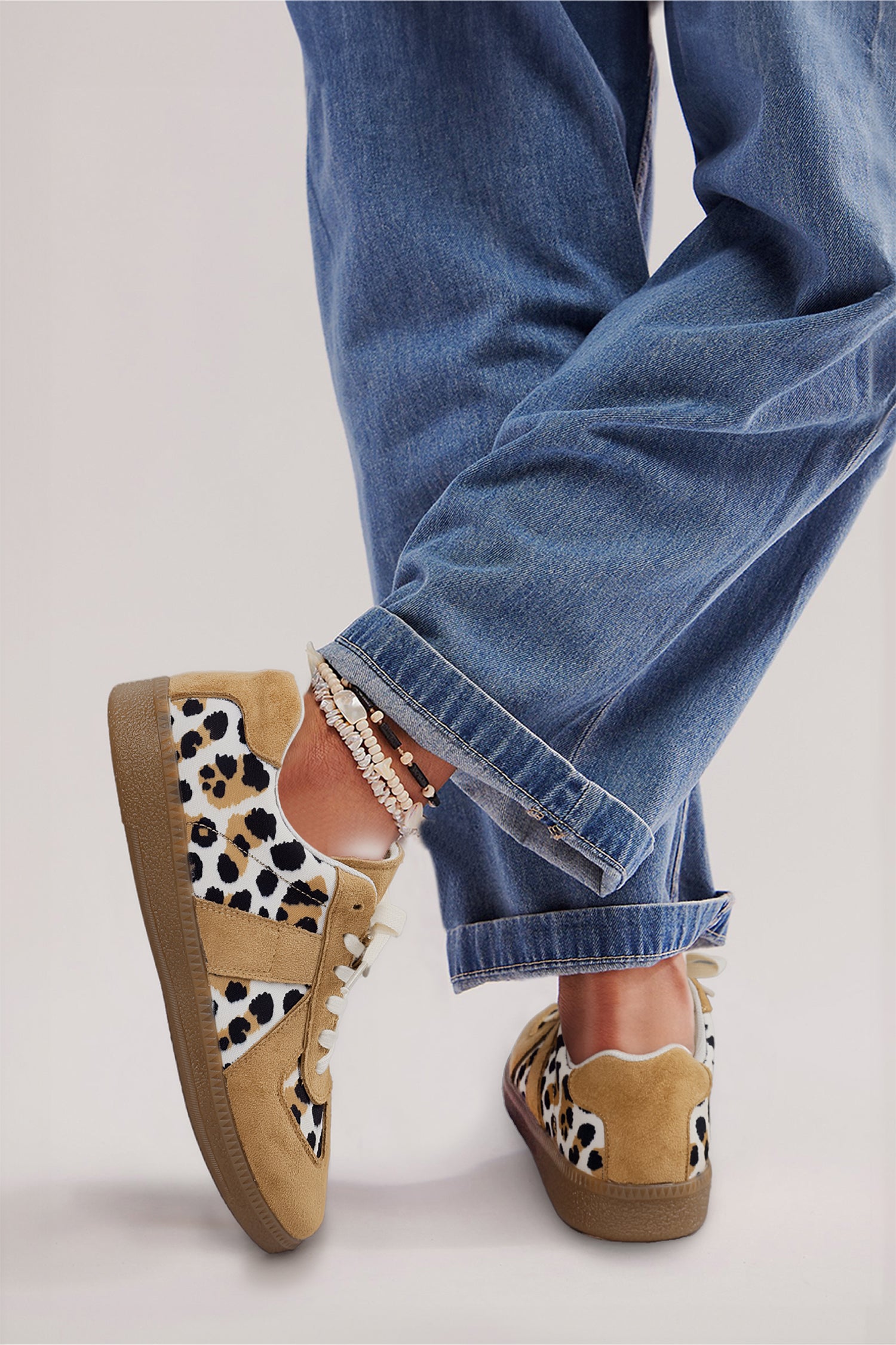 Light French Beige Color Block Leopard Print Patchwork Lace-up Flat Shoes