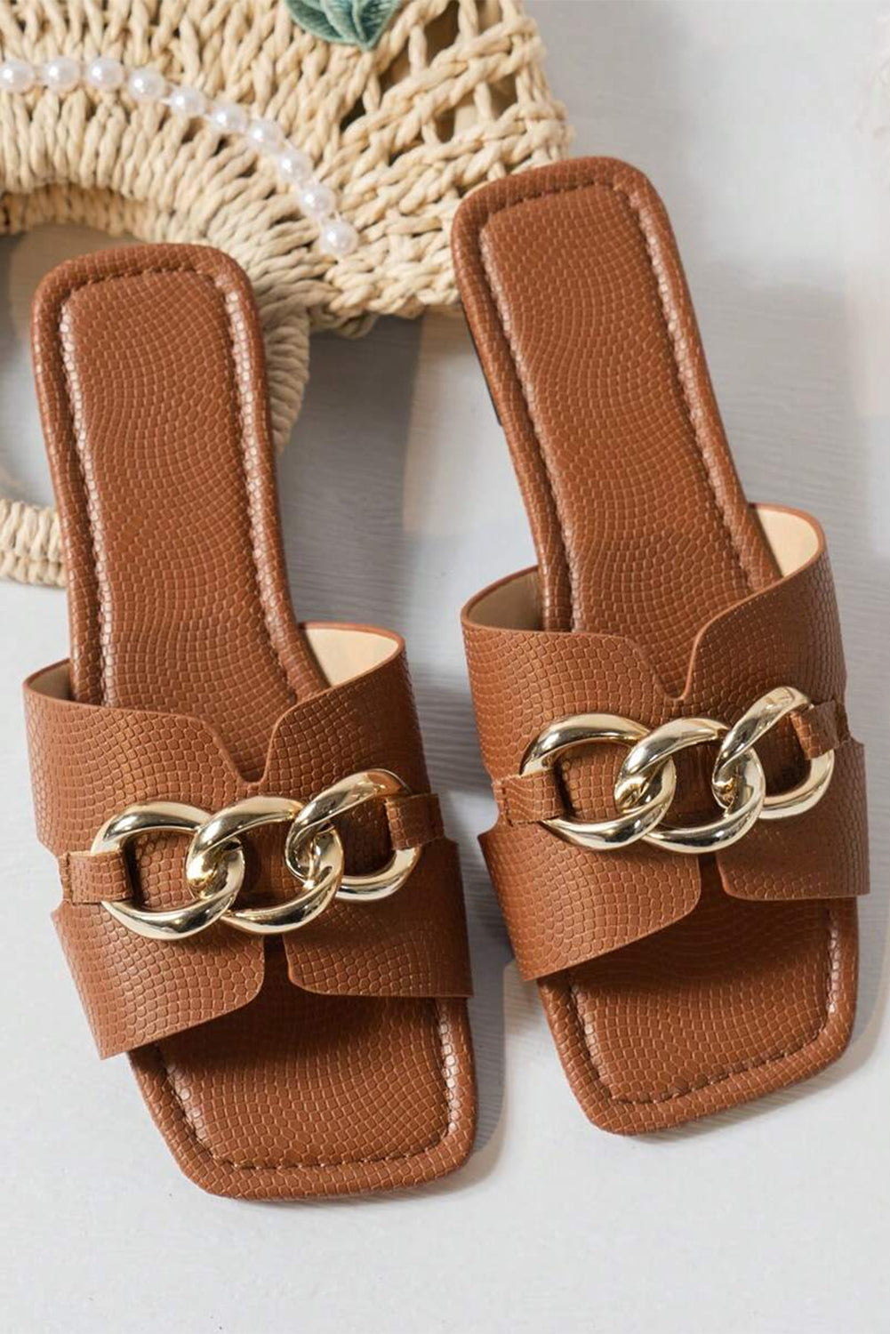 Chestnut Metal Decor Open Toe Slippers