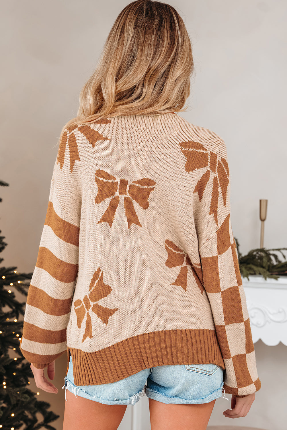 Straw Yellow Ribbon Bow Print Checkered Striped Sleeve Drop Shoulder Sweater