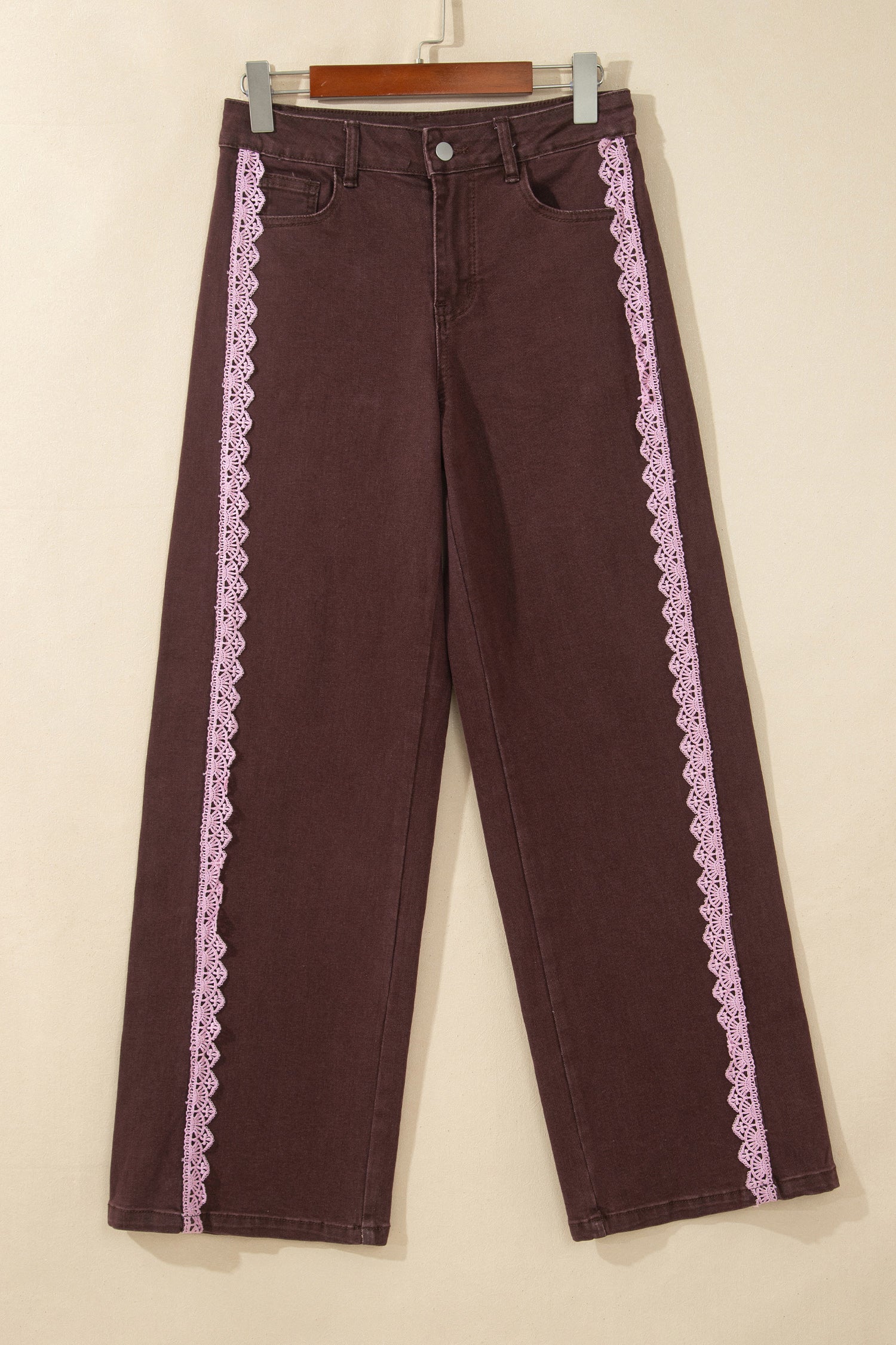 Coffee Lace Trim Casual Full-Length Regular Fit Jeans