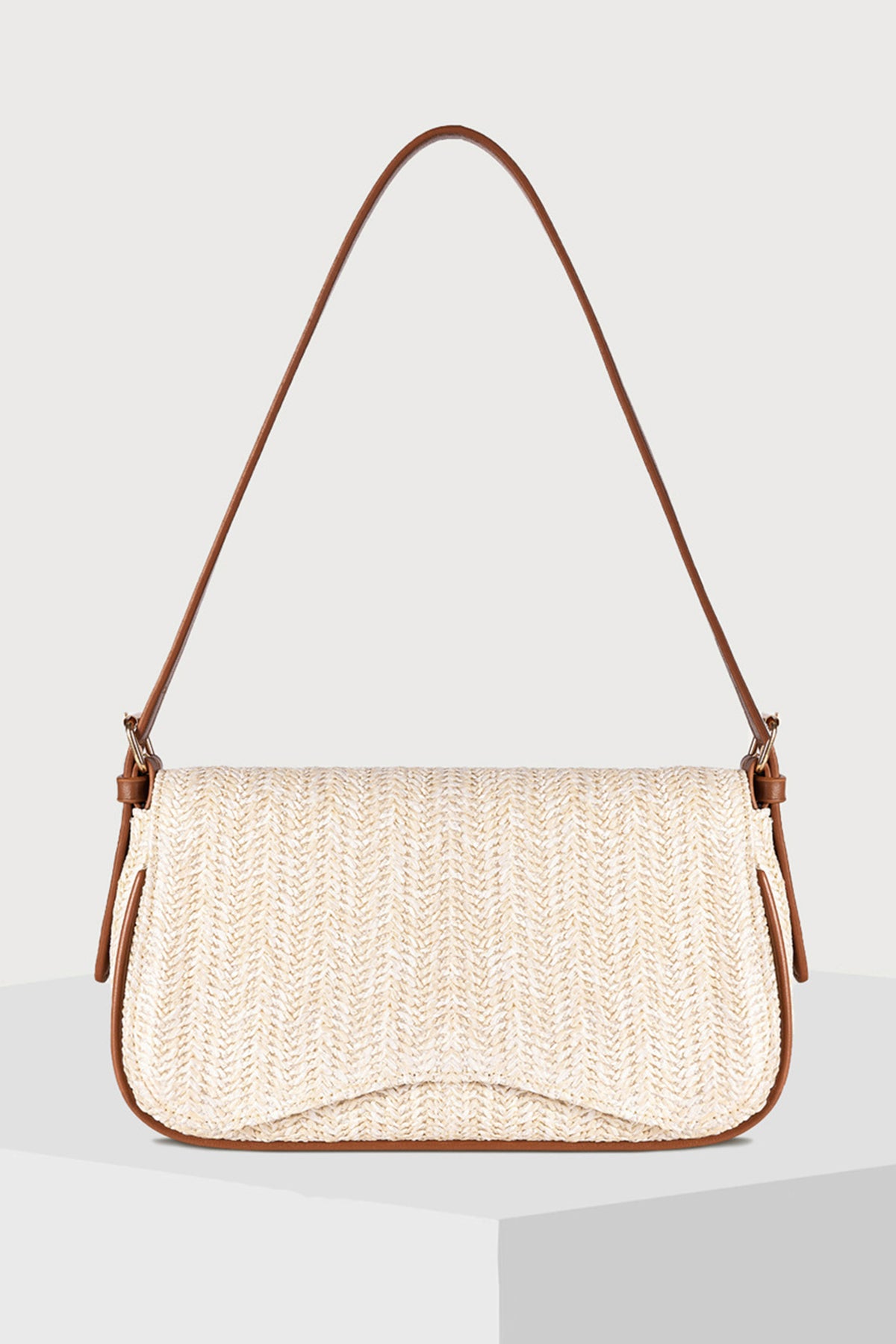 White Raffia Woven PU Leather Trim Shoulder Bag