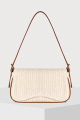 White Raffia Woven PU Leather Trim Shoulder Bag