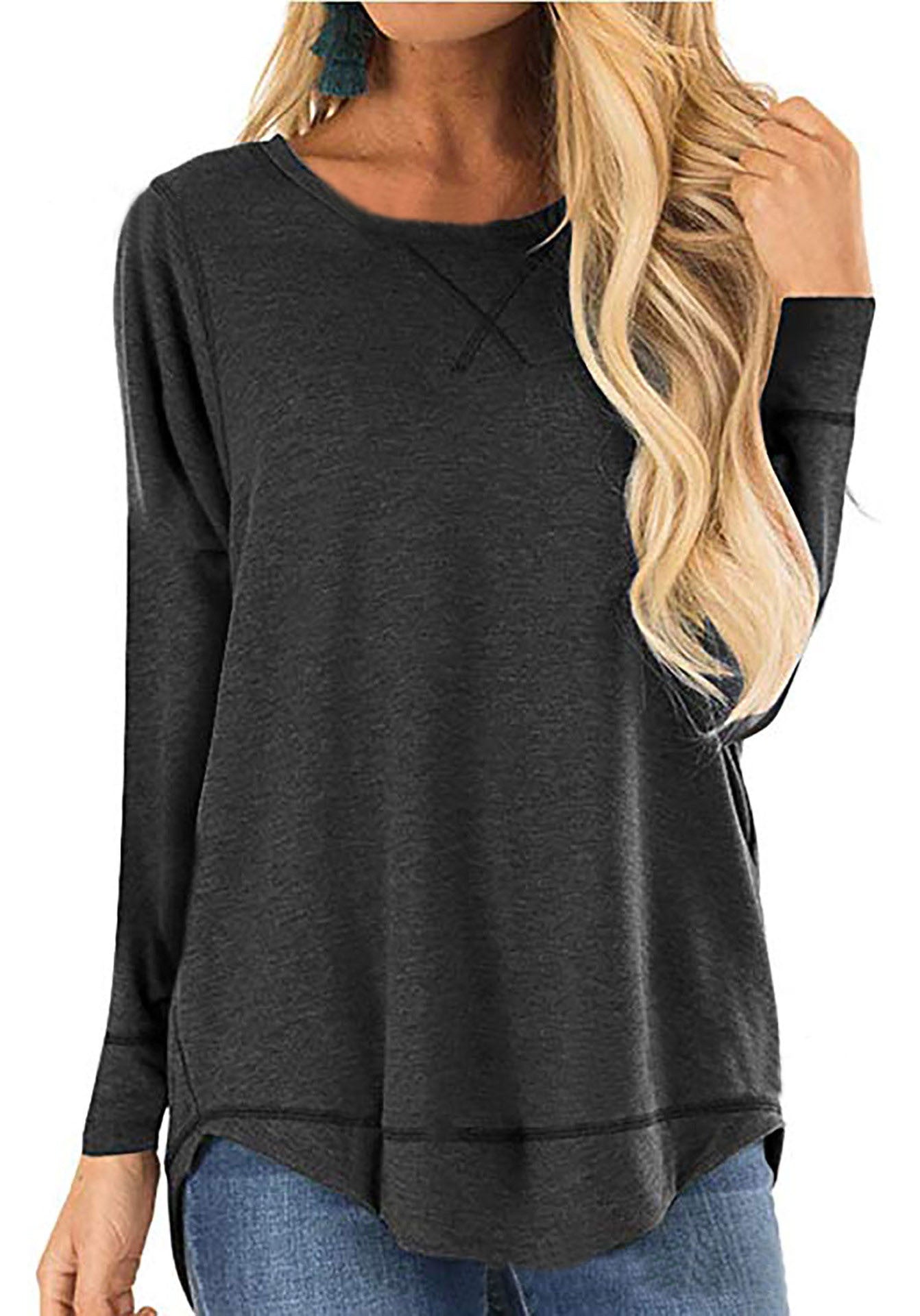 Women's Round Neck Long-sleeve T-shirt Solid Color Loose Top