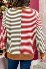 Red Striped Colorblock V Neck Long Sleeve Top