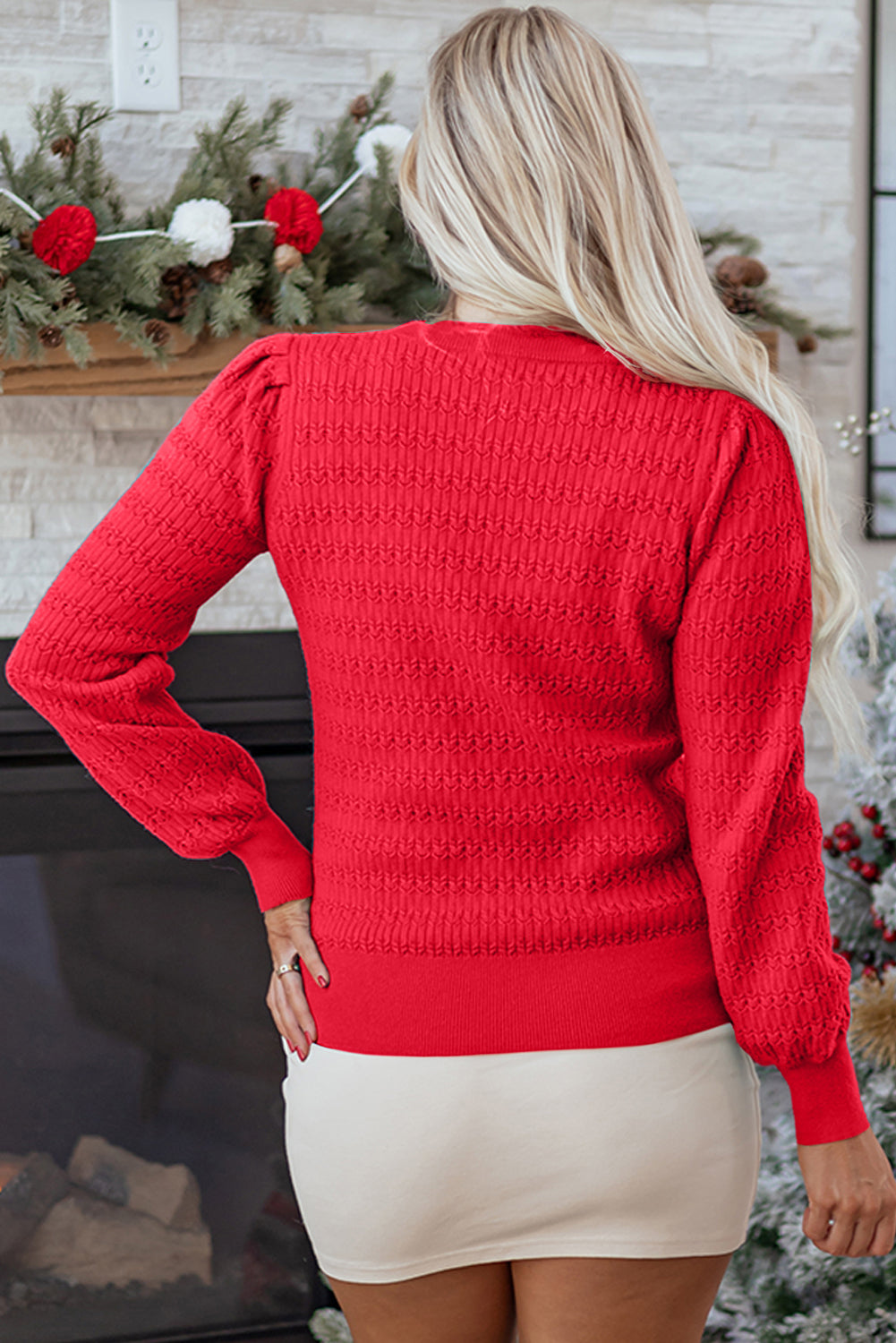 Sea Green Trendy Pattern Knit Ribbed Cuffs Crew Neck Sweater