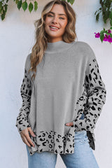 Khaki Leopard High Neck Side Slit Oversized Sweater