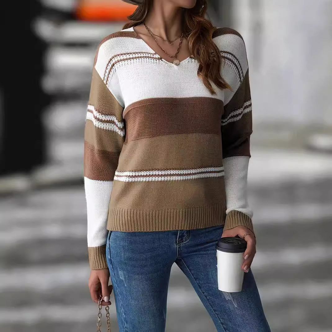 Loose V-neck Color-block Striped Pullover Long Sleeve Sweater