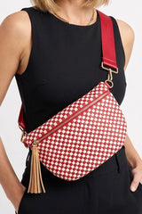 Color black Checkered Woven PU Leather Crossbody Bag Adjustable Strap Large Size