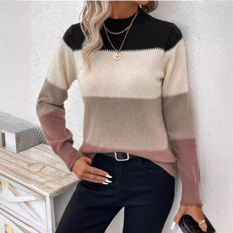 Contrast Color Pullover Round Neck Knitwear Casual Sweater