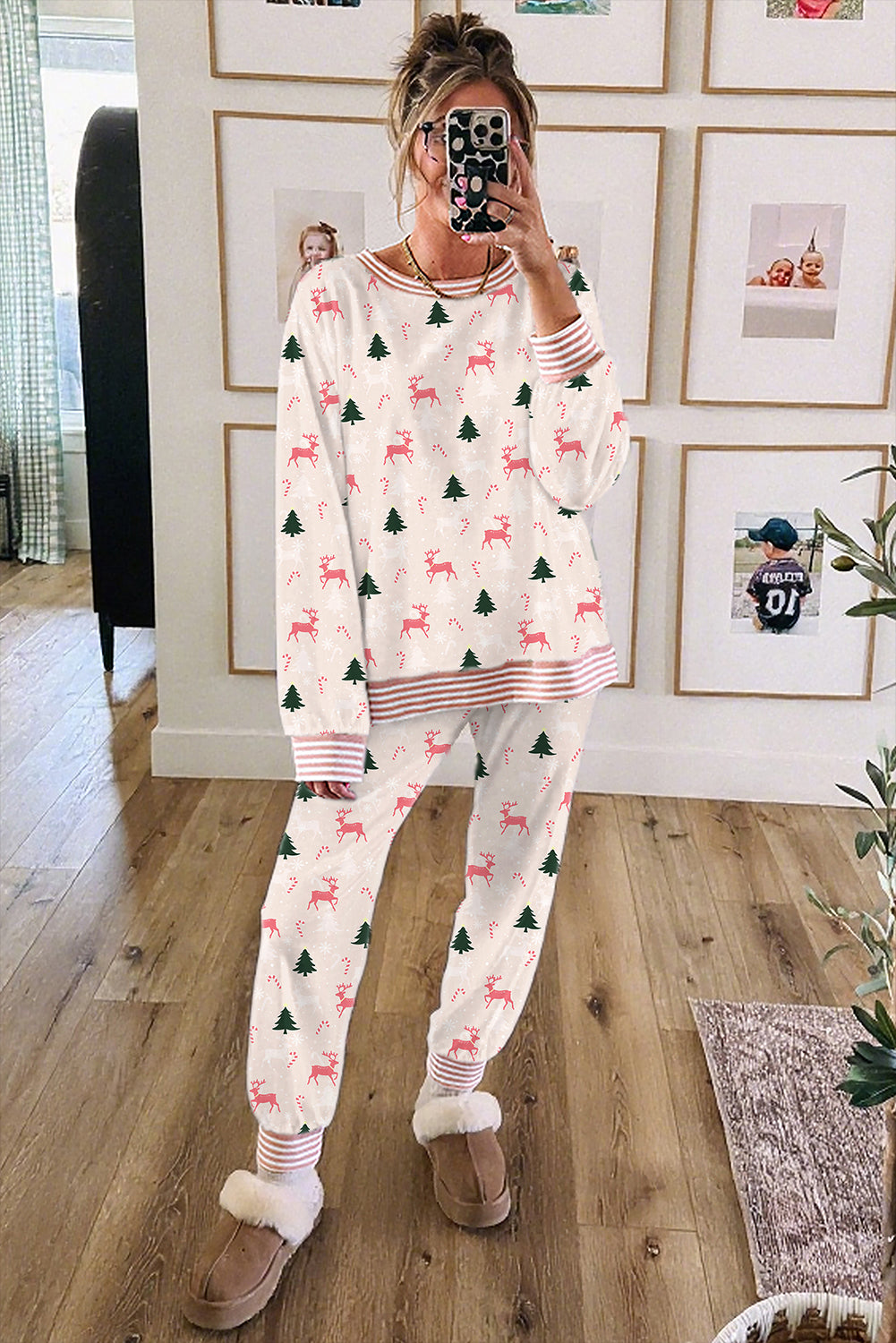 Green Bow Christmas Tree Print Contrast Striped Banding 2pcs Lounge Set