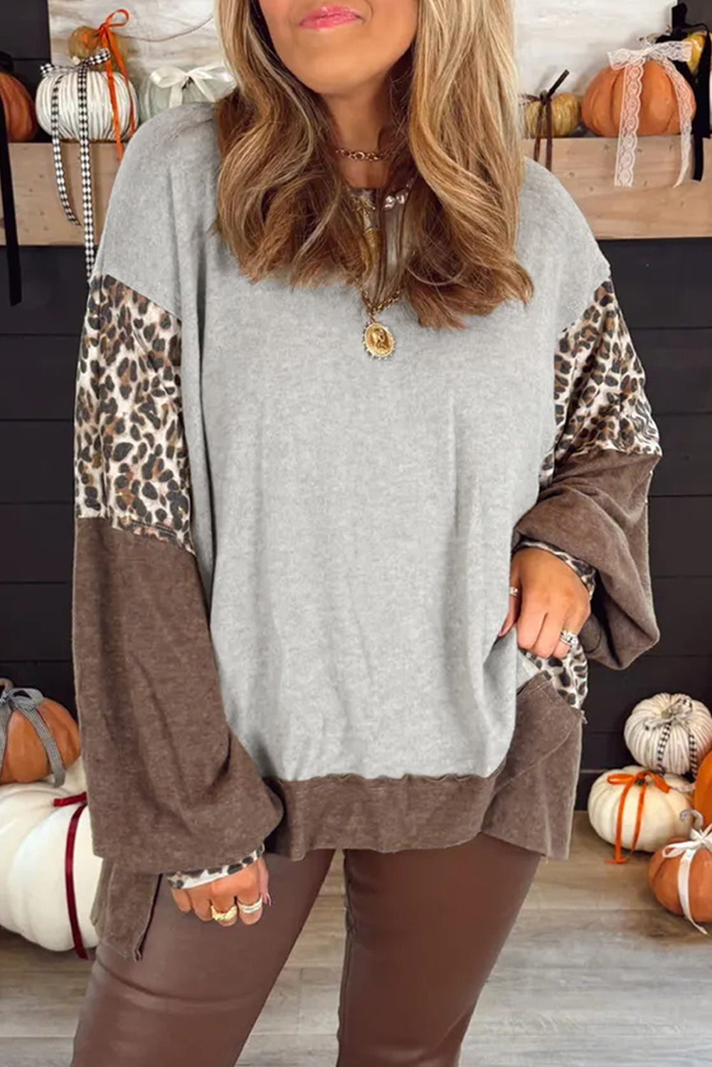 Gray Leopard Patchwork Dolman Sleeve High Low Baggy Sweatshirt