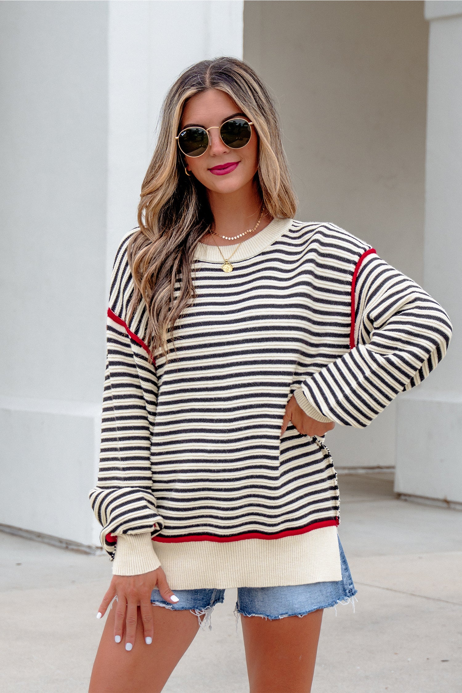 Black Stripe Ribbed Trim Drop Shoulder Oversized Sweater