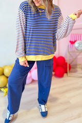Blue Stripe Contrast Long Sleeve Crew Neck Pullover Top