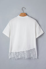 White Asymmetric Lace Hem Patchwork Tee
