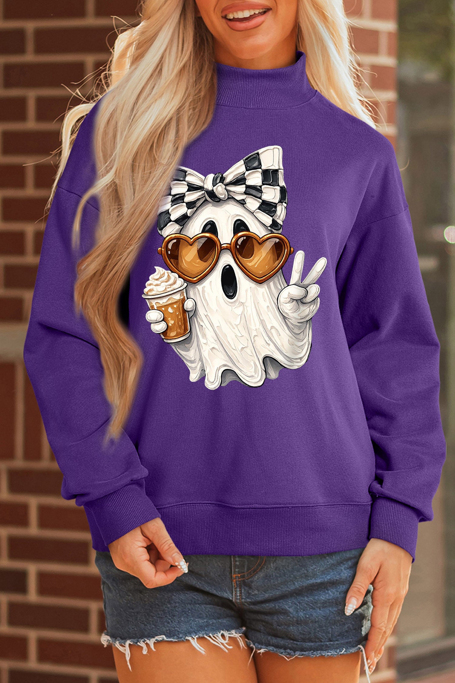 Tillandsia Purple Cute Ghost Print Pullover Mock Neck Sweatshirt