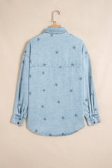 Sky Blue Stars Pattern Long Sleeve Shirt Collar Denim Jacket