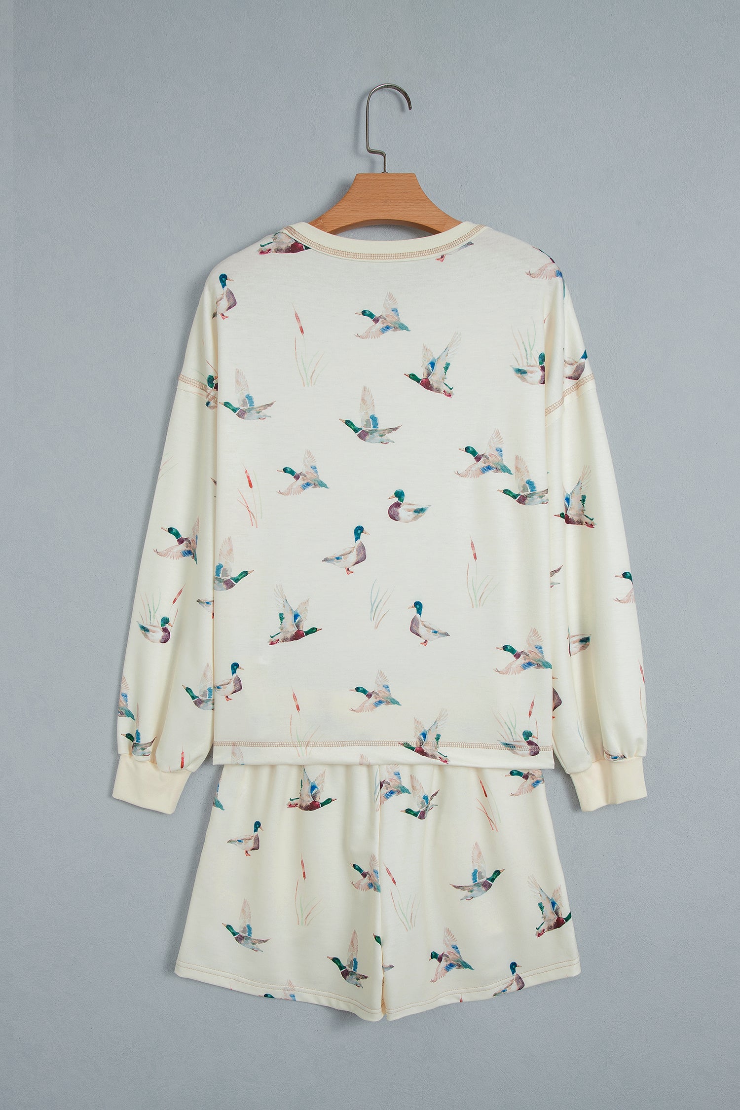 Beige Free Mallard Print Long Sleeve Top Drawstring Short Set