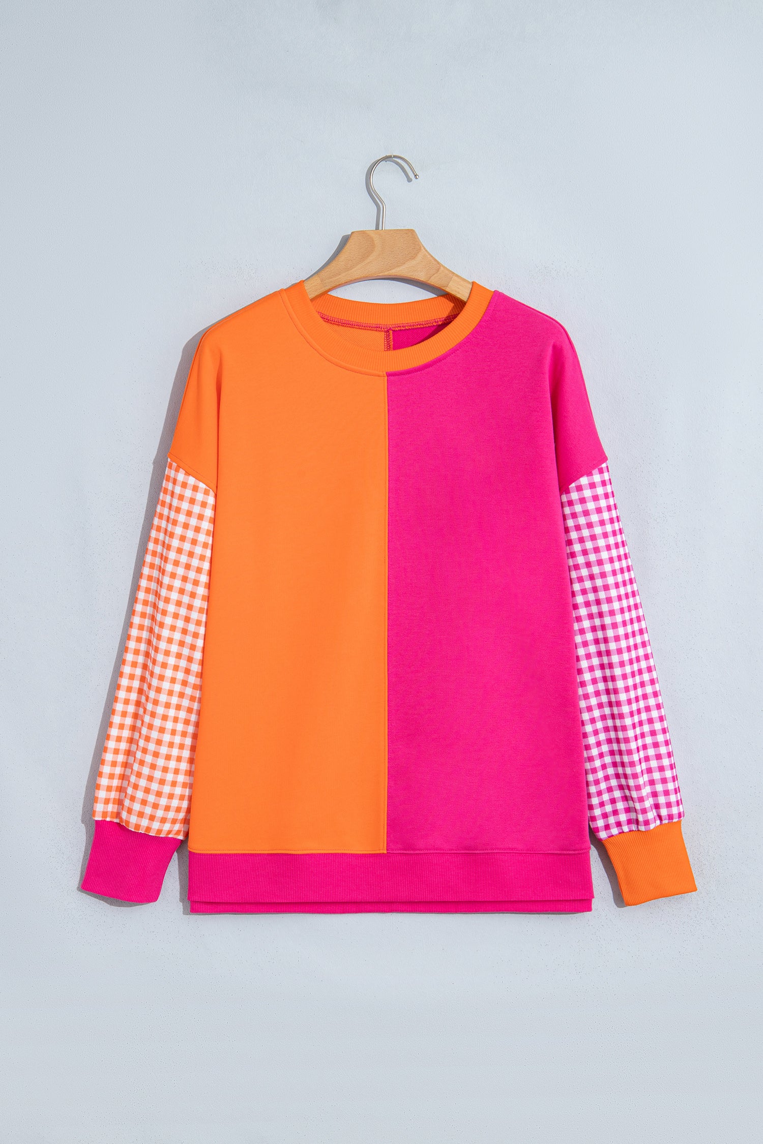 Rose Red Colorblock Gingham Sleeve Crewneck Sweatshirt