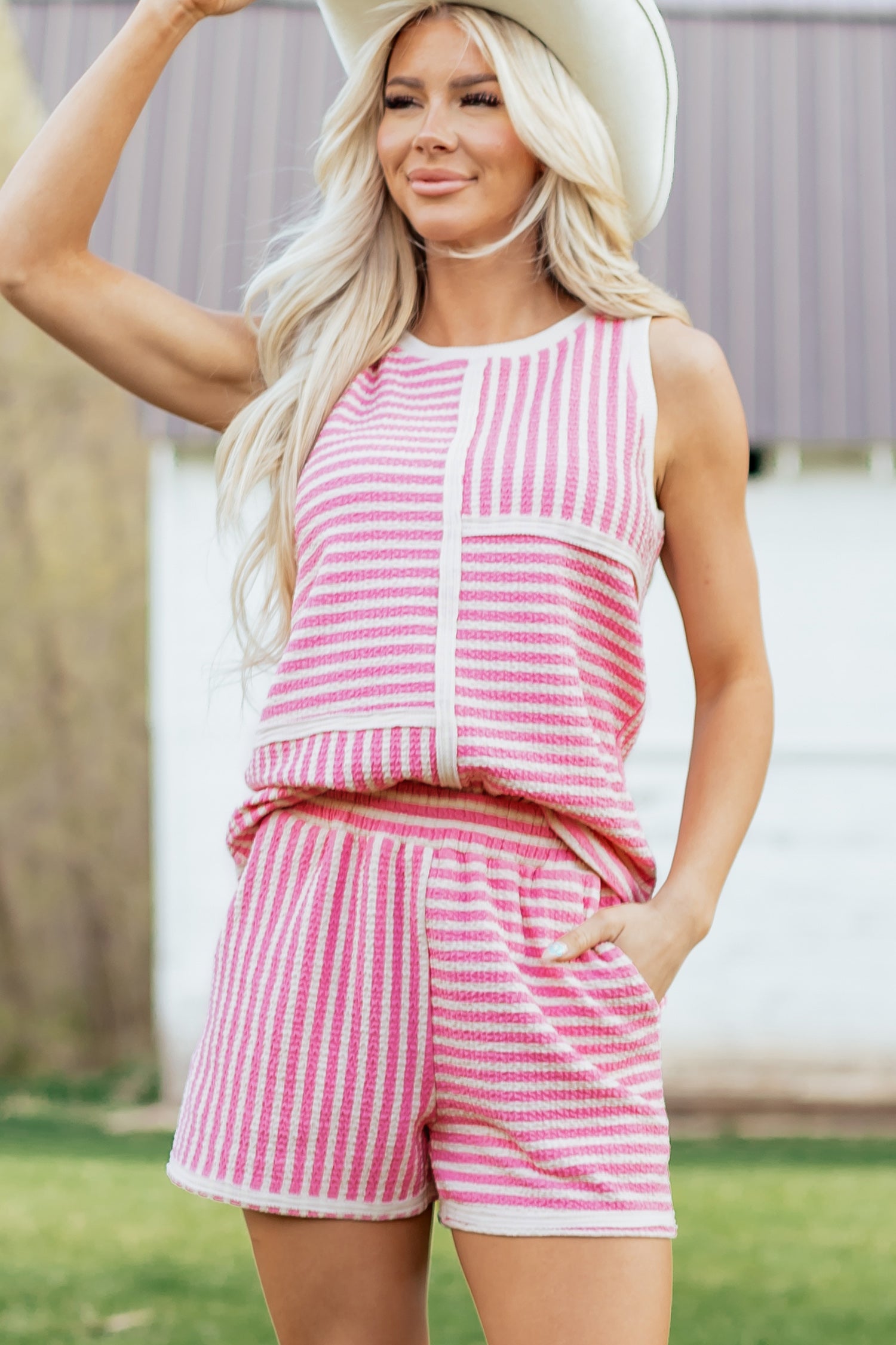 Pink Stripe Textured Contrast Trim Casual Tank and Shorts Set