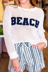 White Chenille BEACH Lettering Hollow Out Knit Casual Sweater