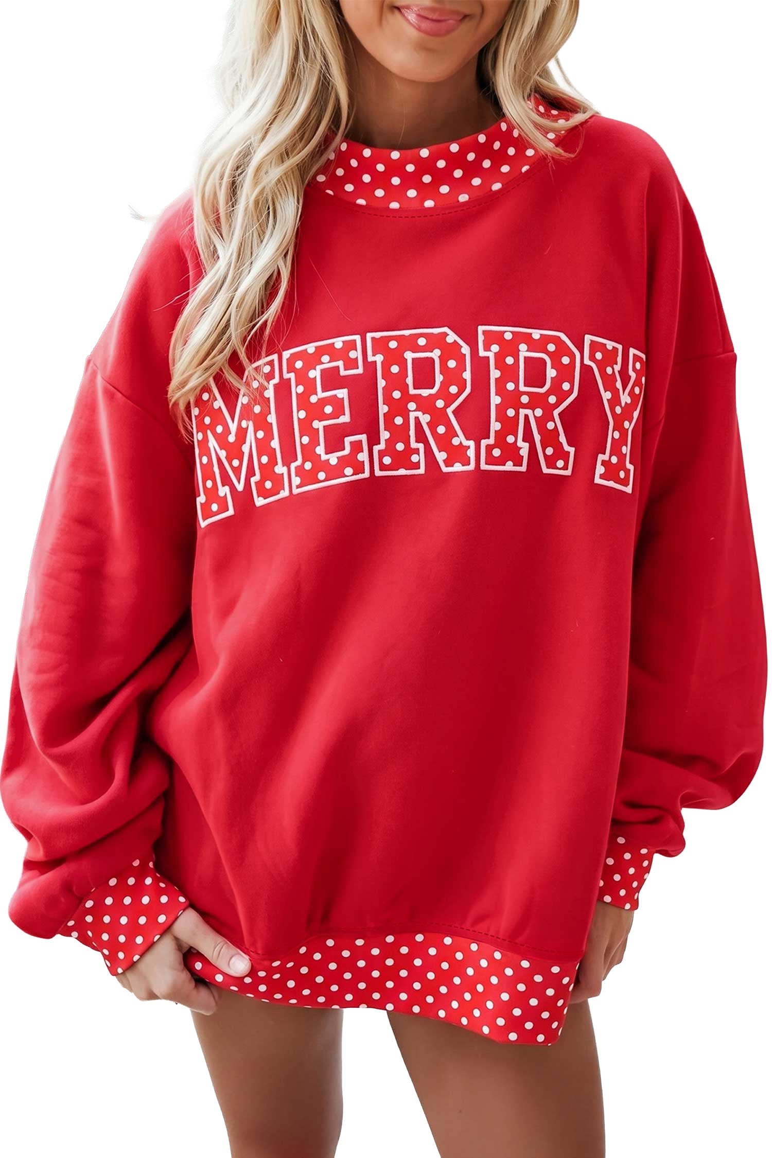 Sail Blue Polka Dot Letter Print Contrast Trim Mock Neck Sweatshirt
