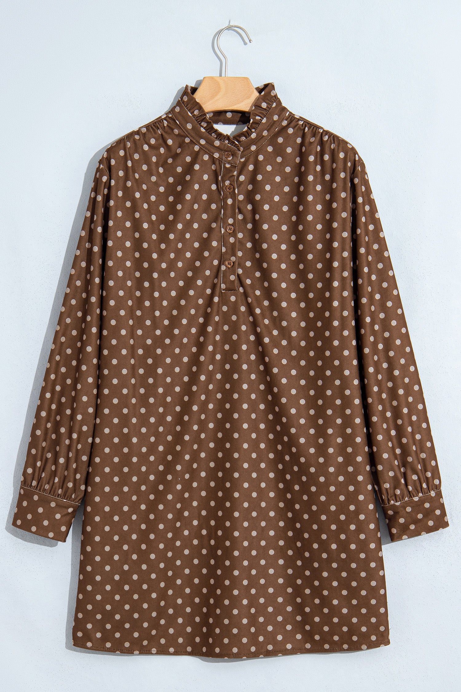Brown Polka Dot V Neck Long Sleeve Button Shift Dress