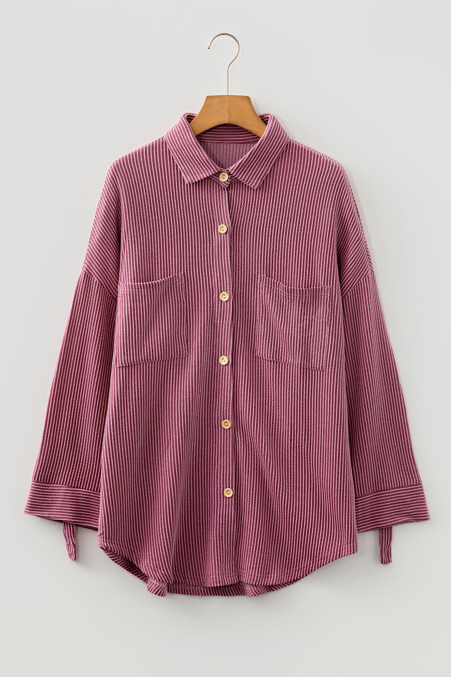 Fiery Red Pink Roll Tab Sleeve Ribbed Cording Shacket