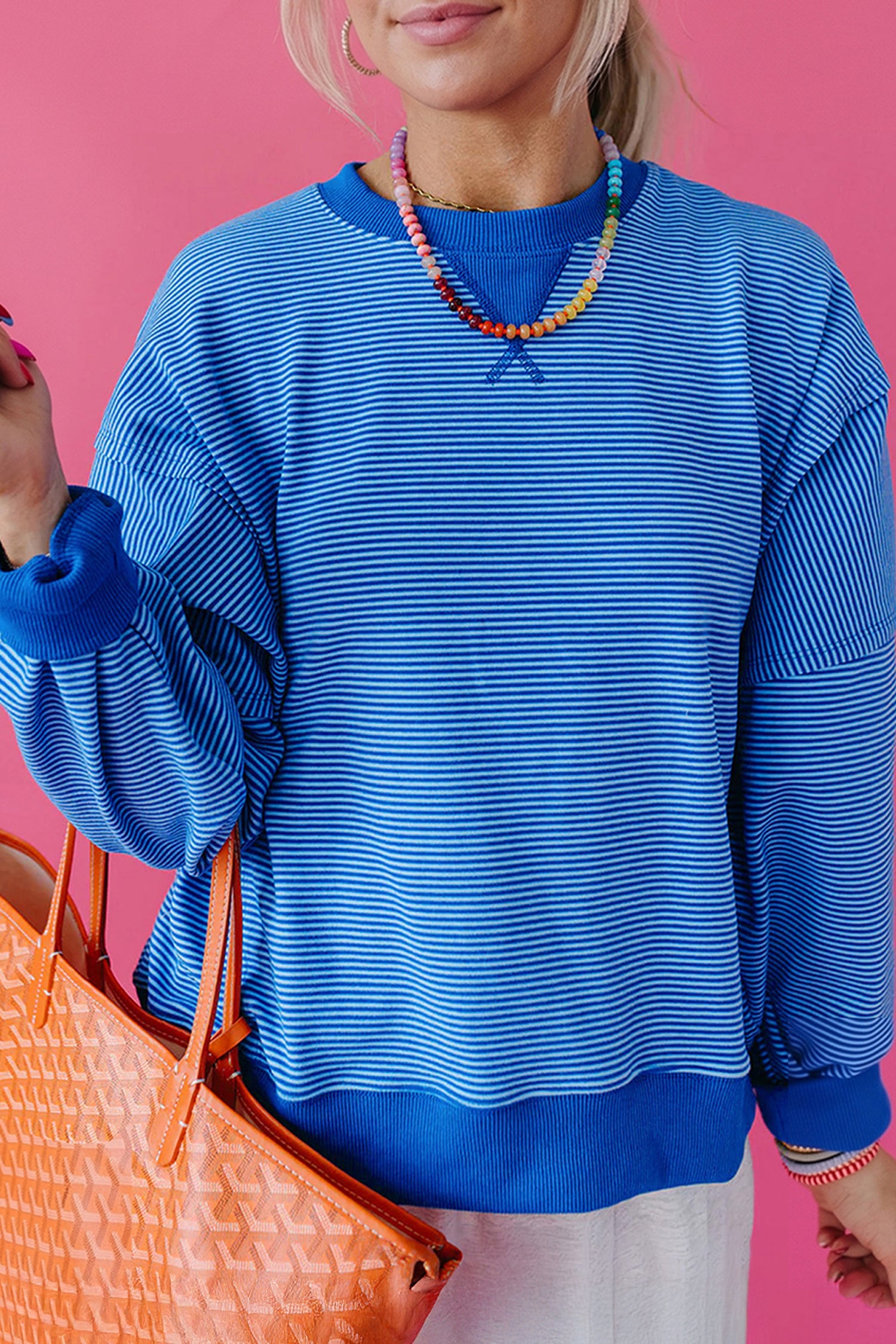 Blue Stripe Ribbed Cuffs Hem Long Sleeve Pullover Top