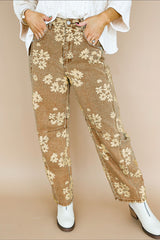 Khaki Floral Print Metal Button Pleated Straight Leg Jeans