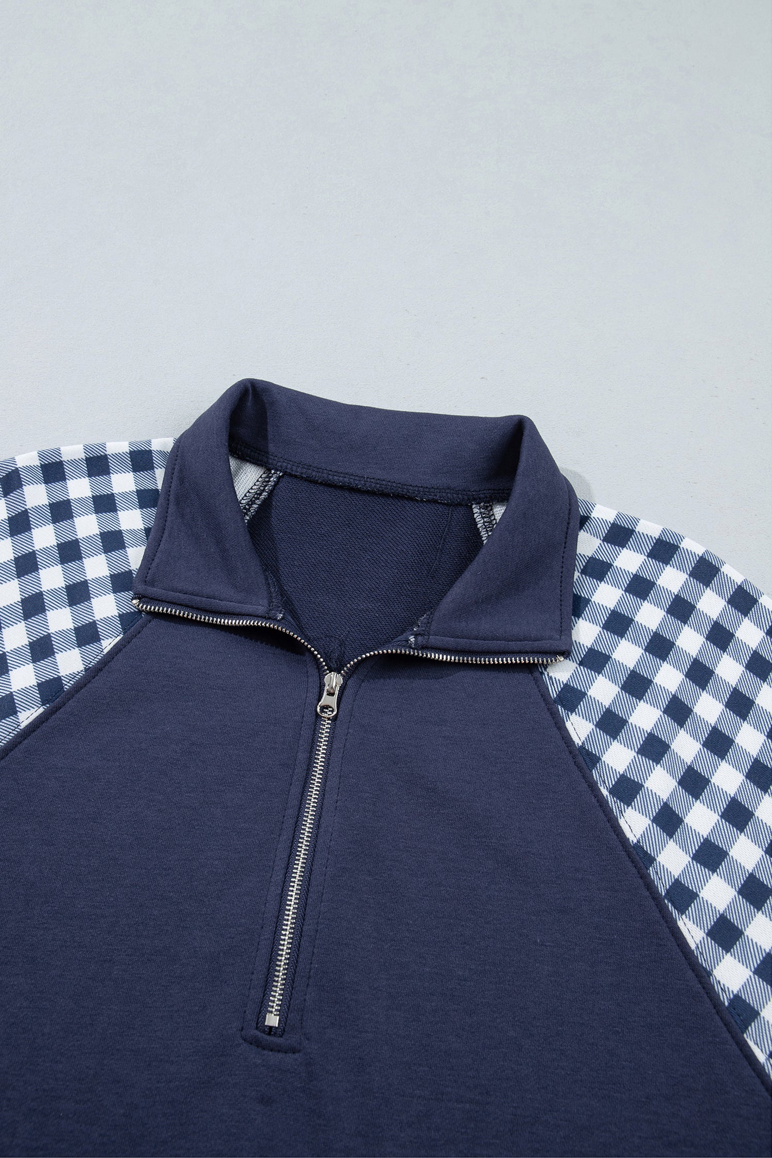 Navy Blue Patchwork Plaid Pocket Quarter Zip Sweatshirt