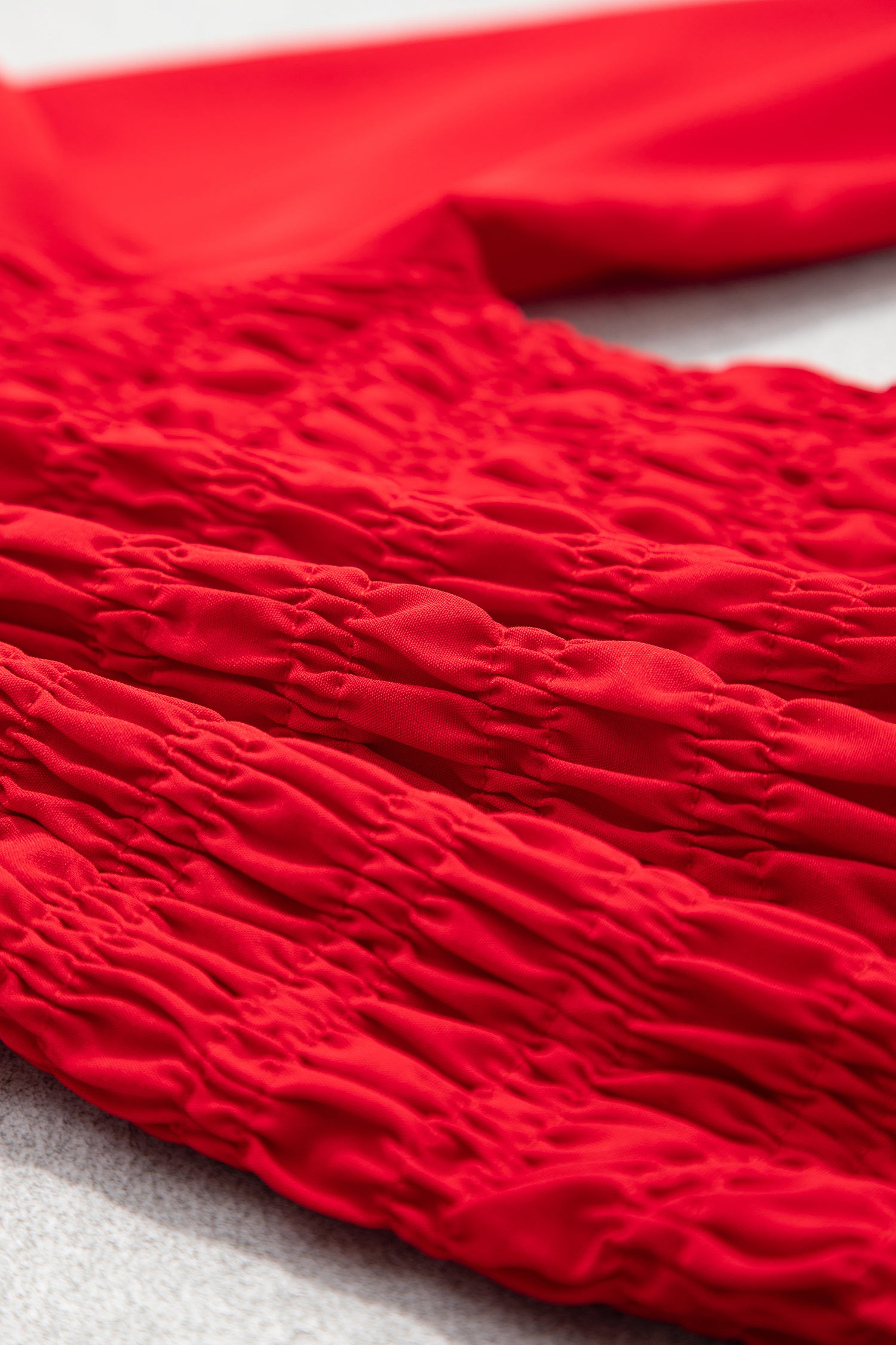 Racing Red Solid Color Smocked Ruffle Hem Long Sleeve Blouse
