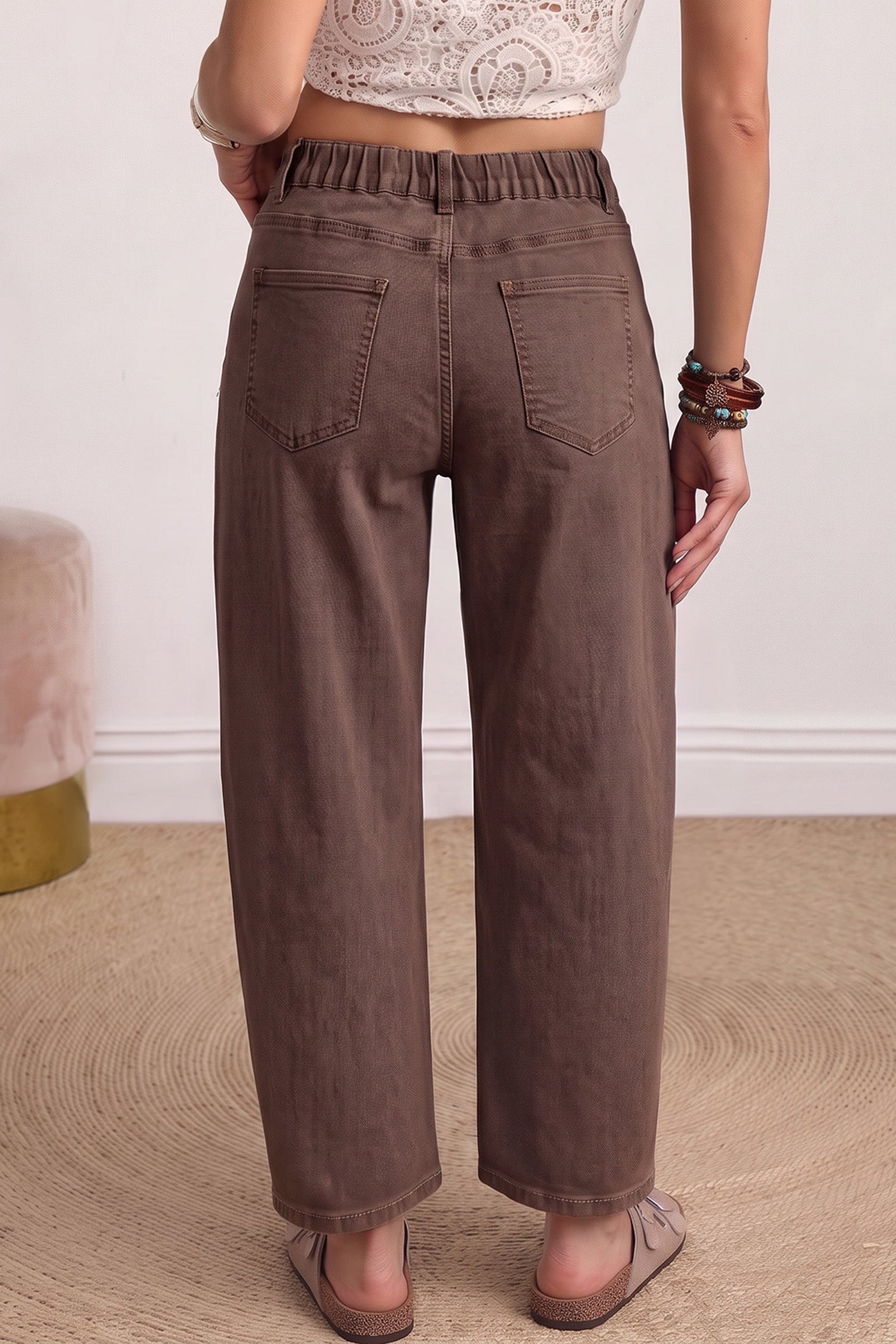 Beau Blue Solid Color Square Patch Pocket Ankle-length Barrel Jeans