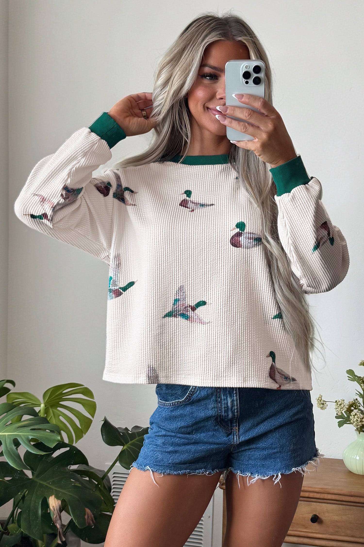 Beige Twisted Ribbed Duck Print Crewneck Casual Pullover Top