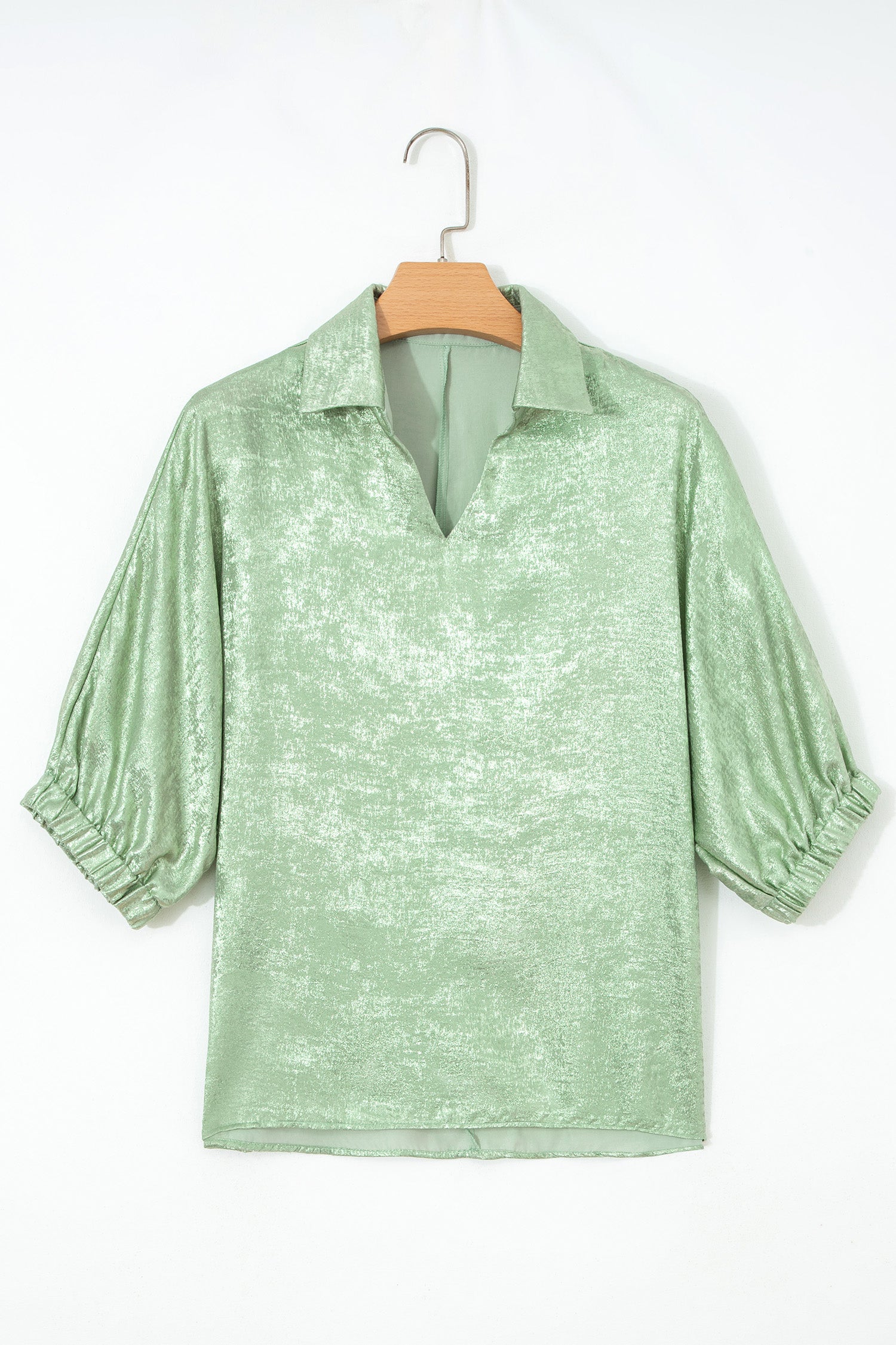 Strawberry Pink Collared V Neck Half Sleeve Metallic Top