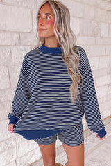 Blue Stripe Ribbed Patchwork Mock Neck Baggy Pullover Matching Shorts Set