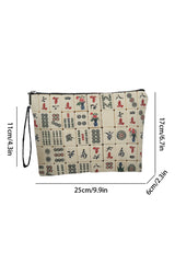 White Mahjong Pattern Printed Canvas Cosmetic Bag