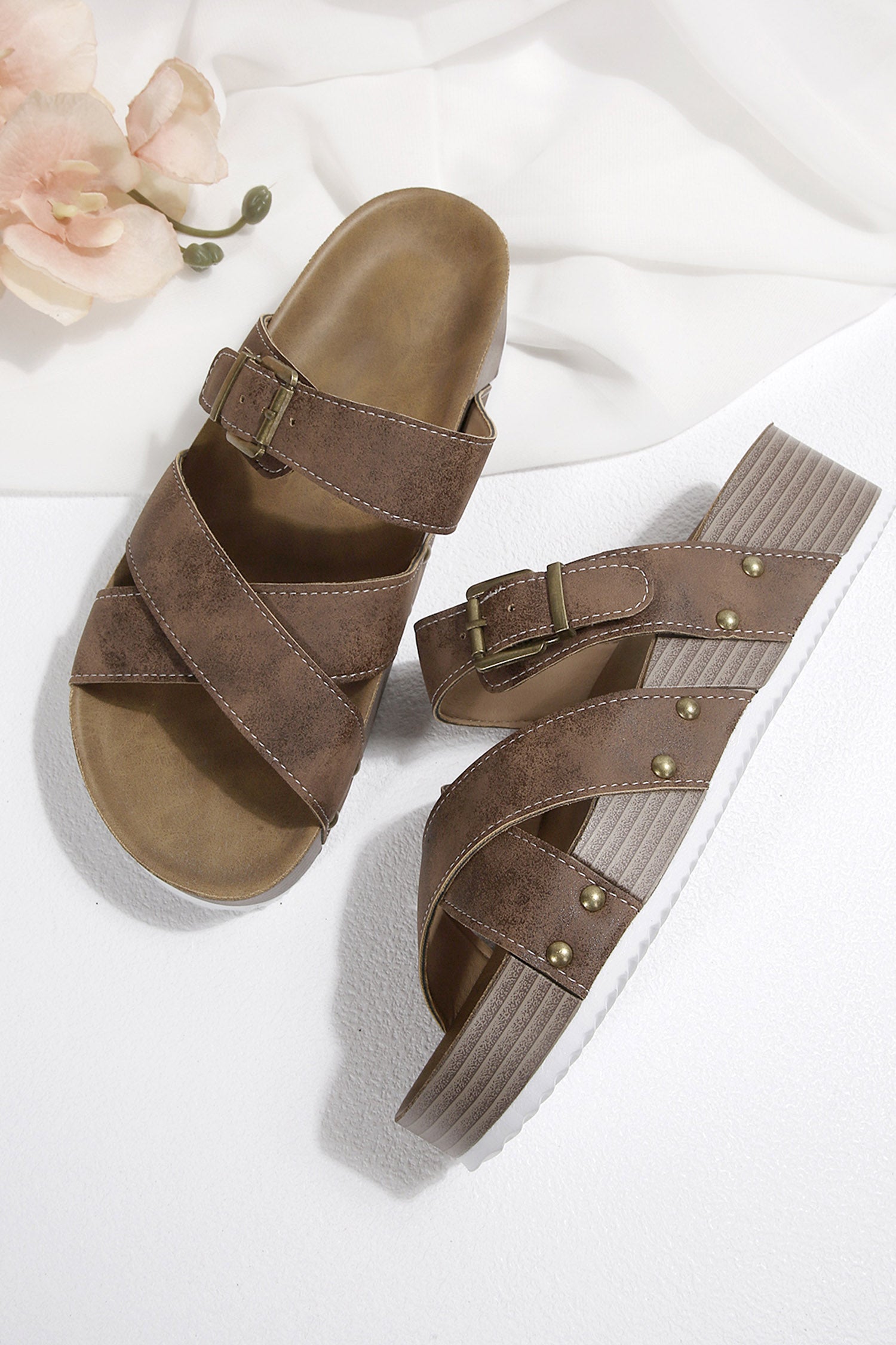 Brown Faux Suede PU Leather Strappy Cutout Retro Slippers