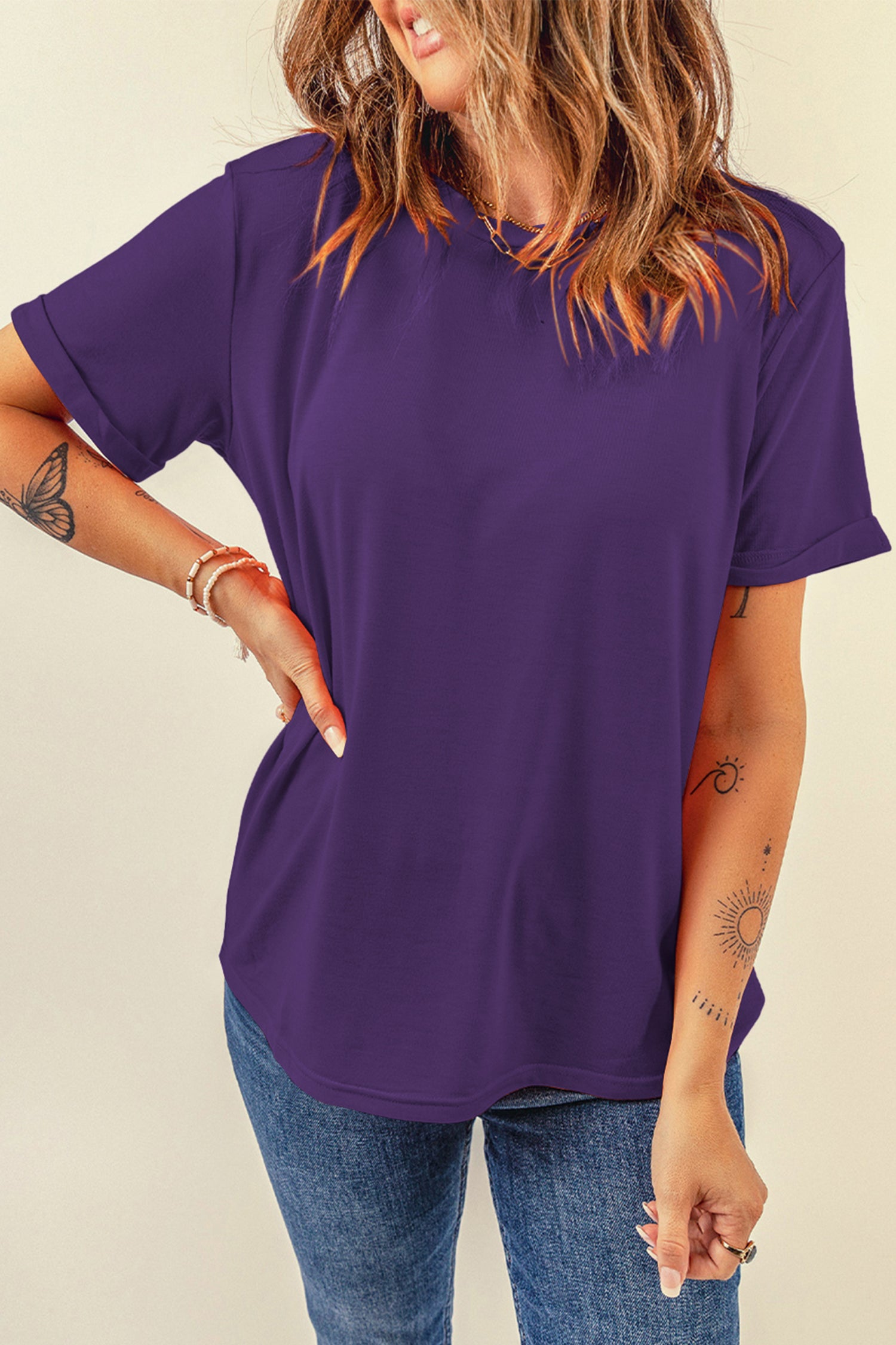 Yellow Cream Casual Plain Crew Neck Tee