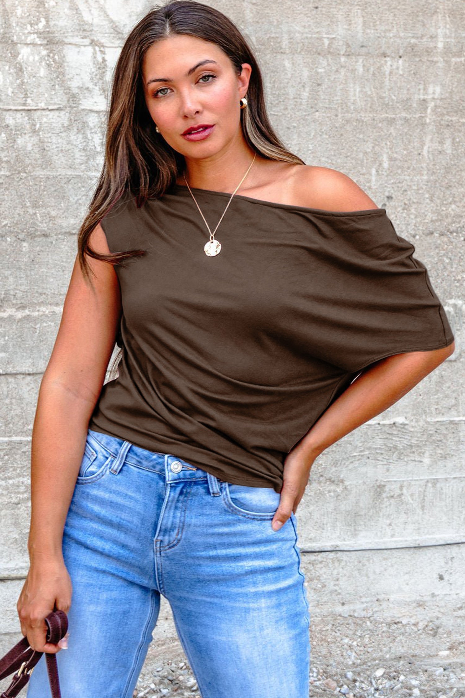 Burgundy Plus Size Solid Color Asymmetric Neck Short Sleeve Blouse