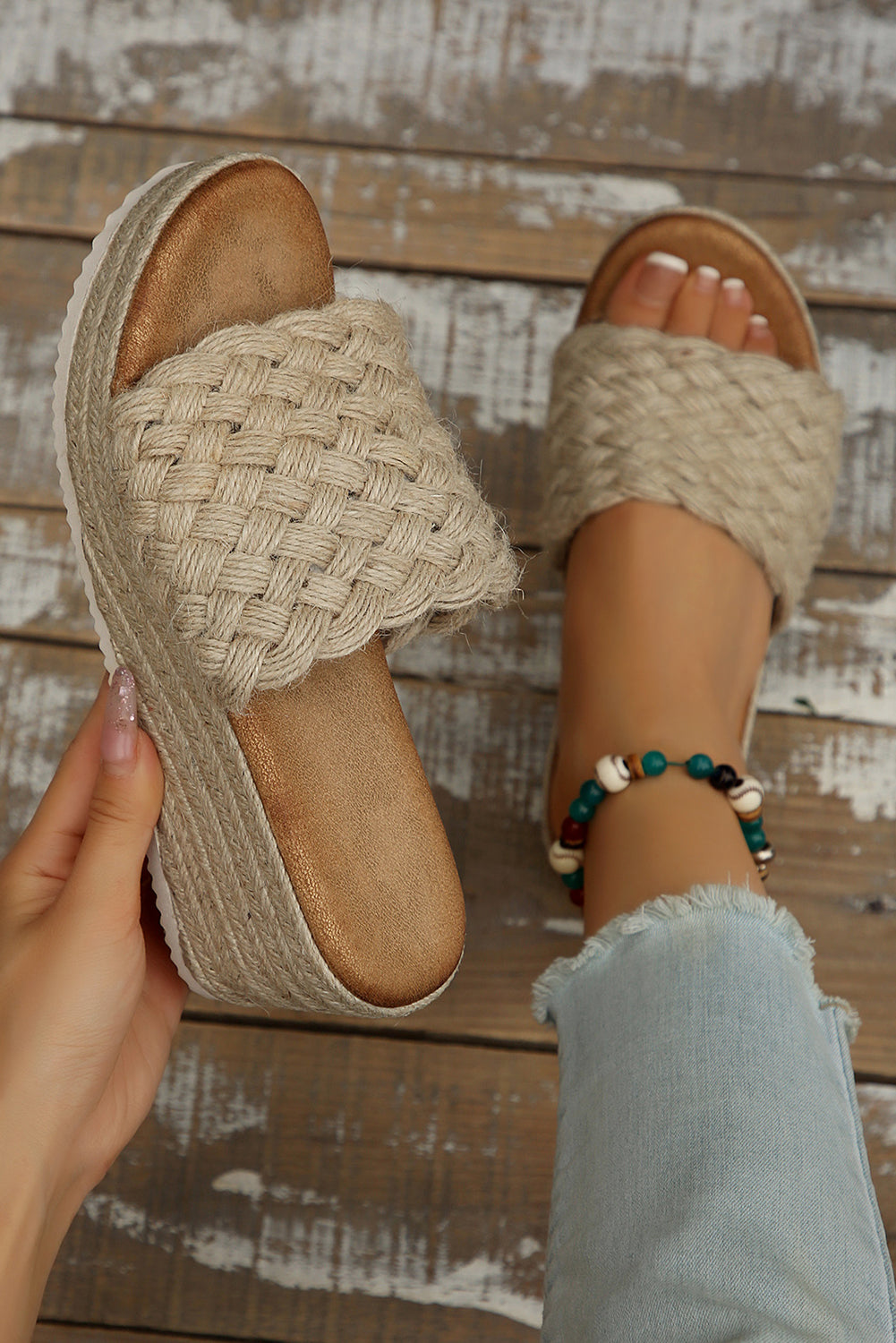 White Boho Woven One Band Wedge Slippers