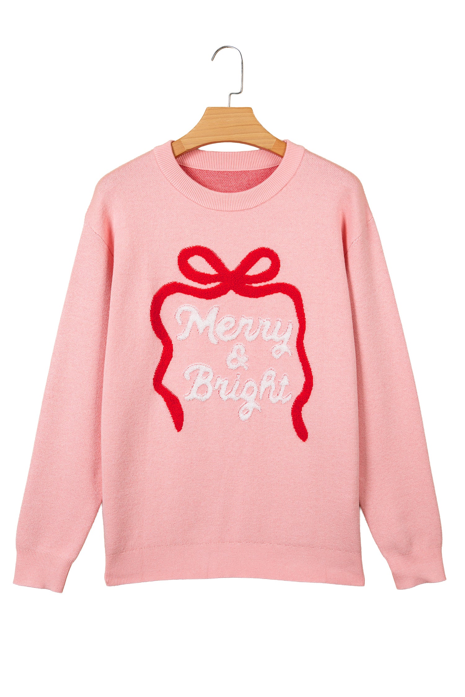 Gossamer Pink Drop Shoulder Round Neck Towel Embroidery Slogan Pullover Sweater